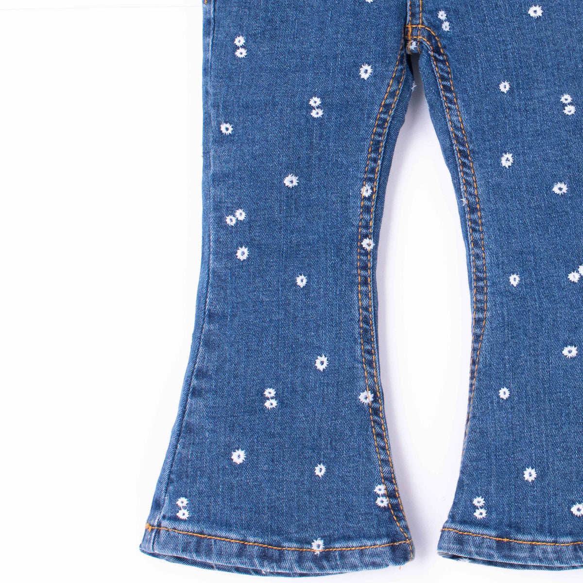Girl Dark Blue Embroidery Flower Denim Bell Bottom