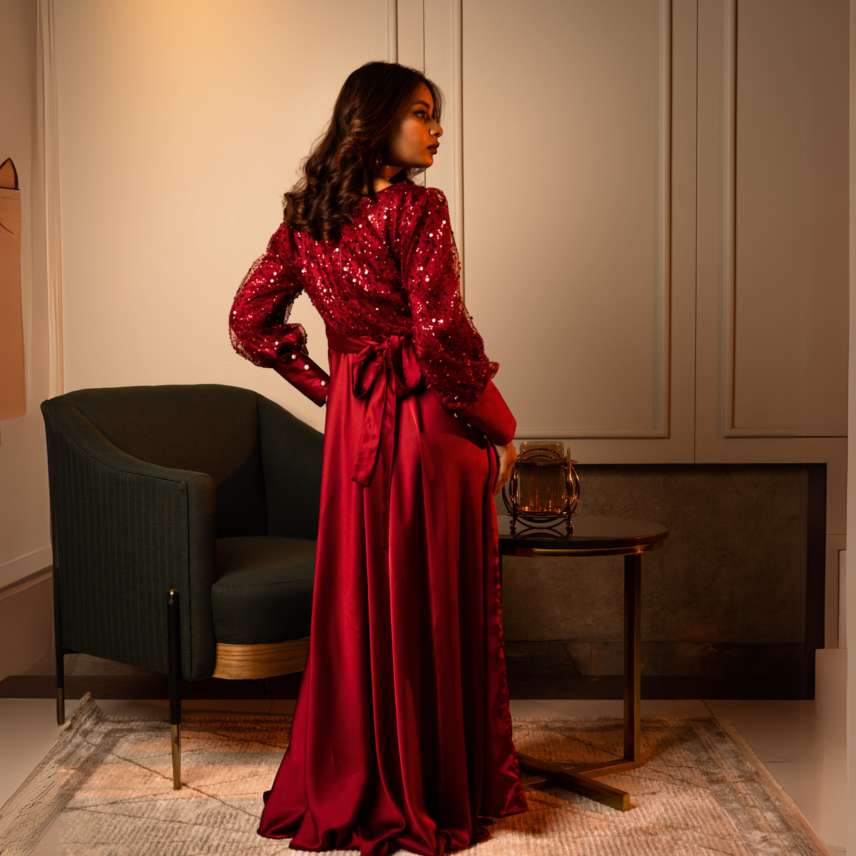 Regal Scarlet - A Royal Evening Gown With Sequin Brilliance - Made To Order