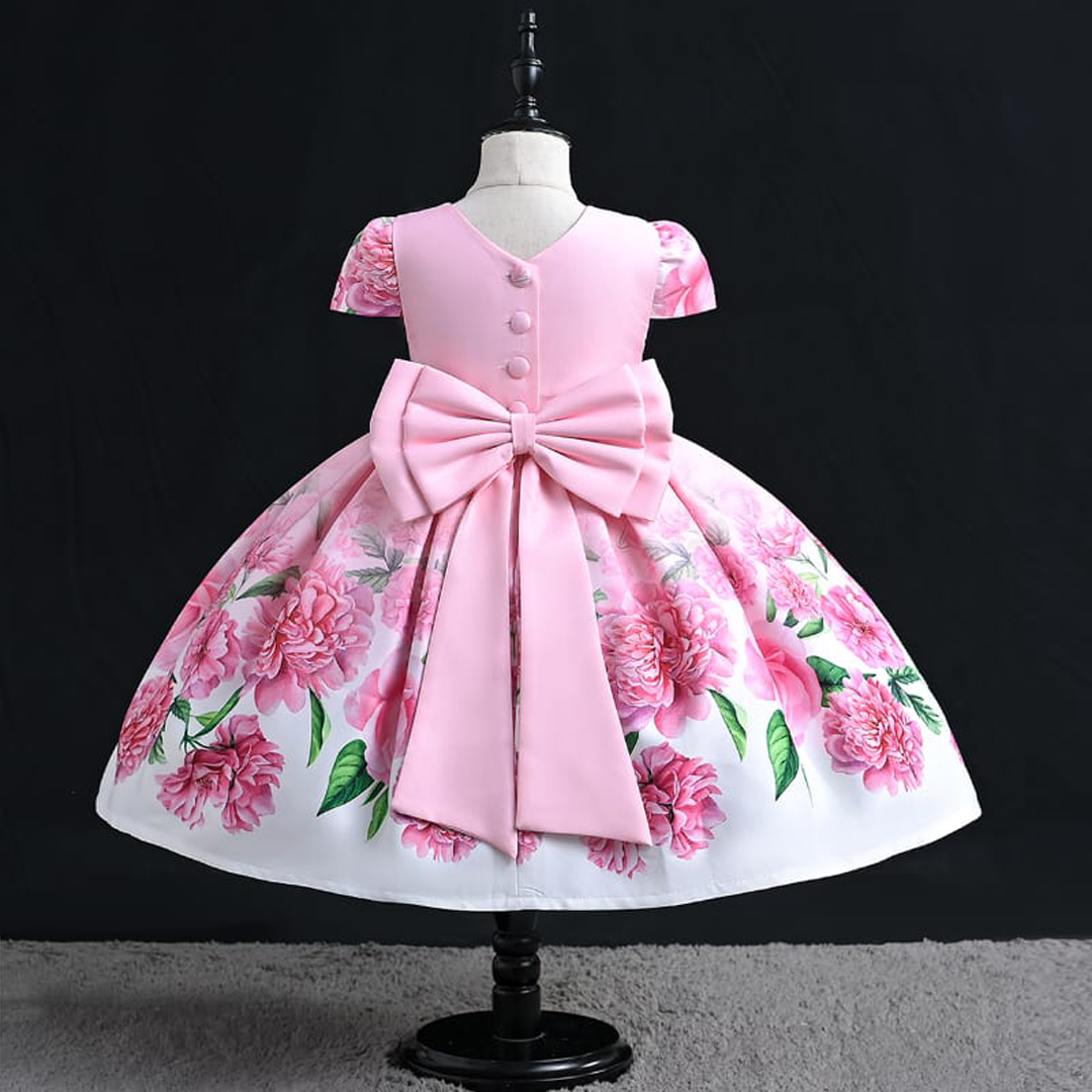 Girl 3D Pink Flower Bunch Digital Printed Frock