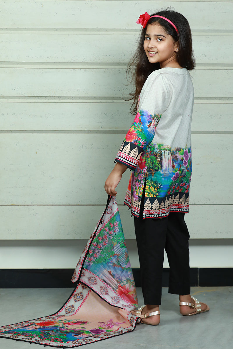 PRSDT-082 Digital Printed Embroidred Lawn Shirt, Dupptta & Cotton Trouser