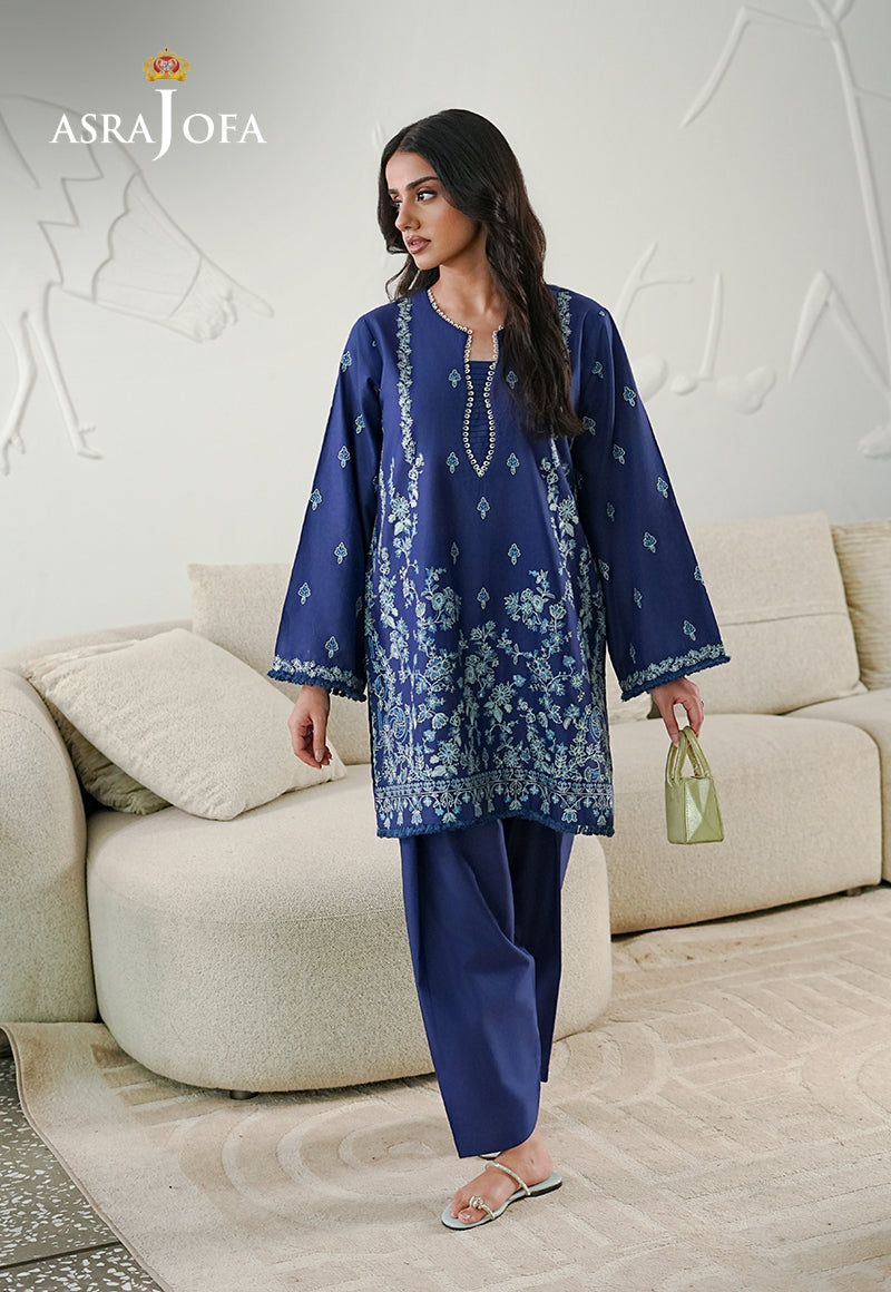 Asra Jofa ASAE-06 royal blue floral embroidered cambric stitched kurta with straight trousers – women's Pakistani casual suit
