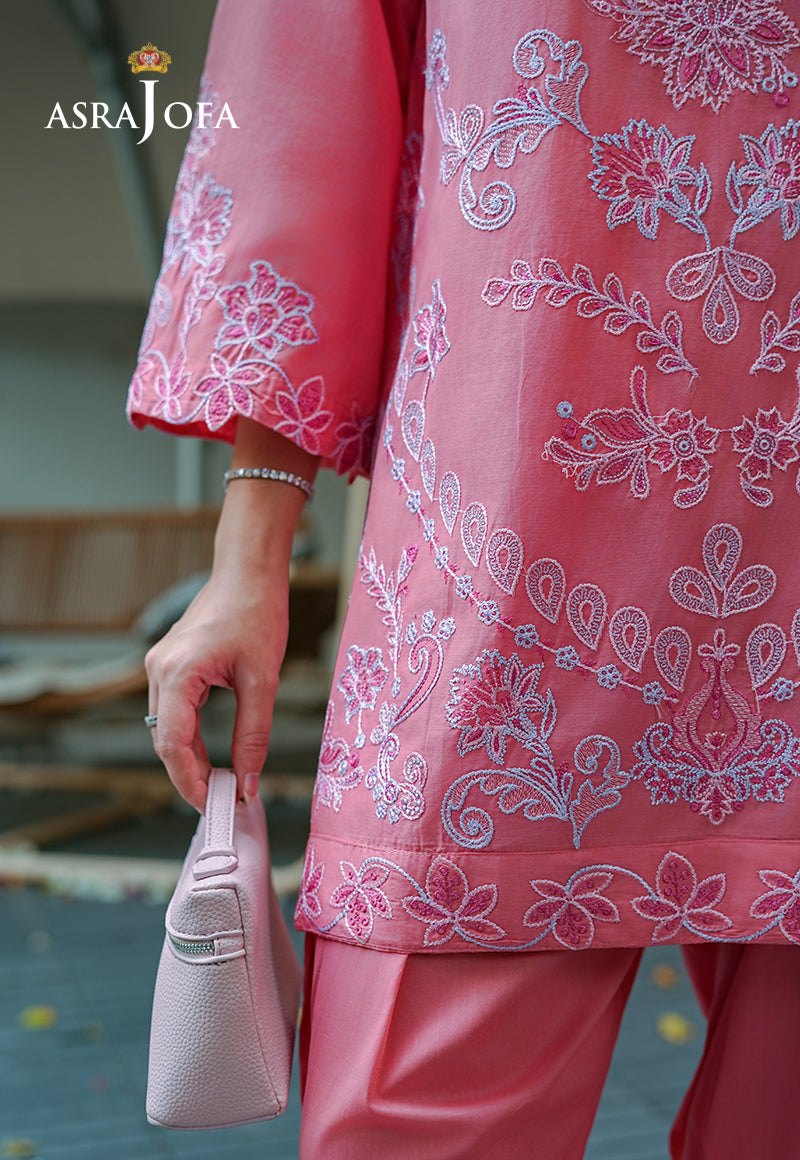 Asra Jofa ASAE-09 salmon pink all-over floral embroidered cambric kurta with scallop lace cuff trim – women's Pakistani ready-to-wear casual suit