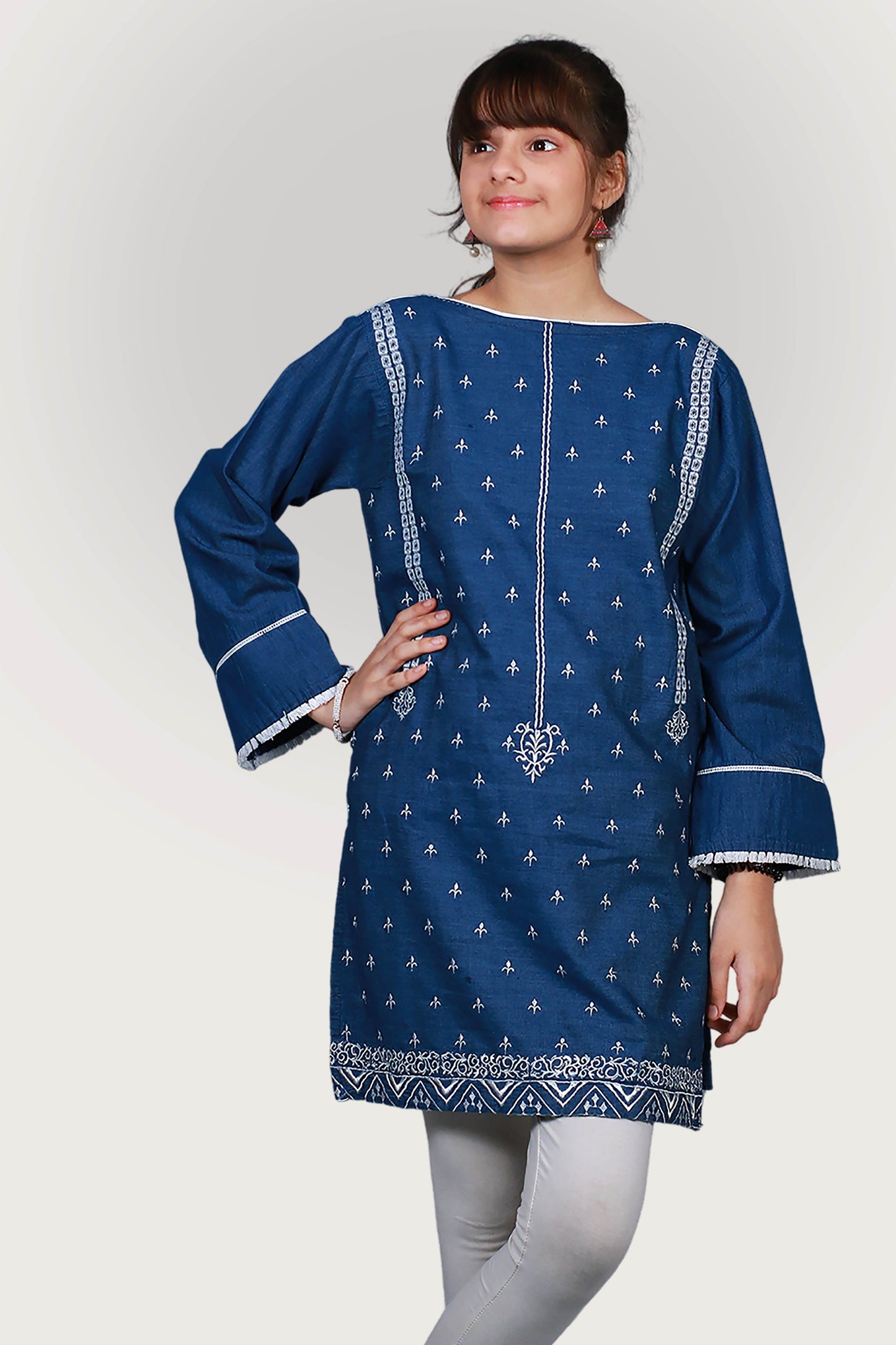 JEANS TENSILE EMBROIDRED FROCK SKU: KHW-0027