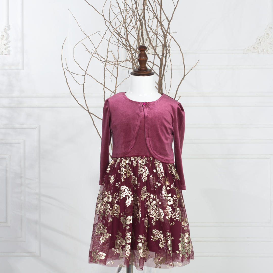 Girl Mahroon Glitter Flowers Fancy Frock With Cardigan
