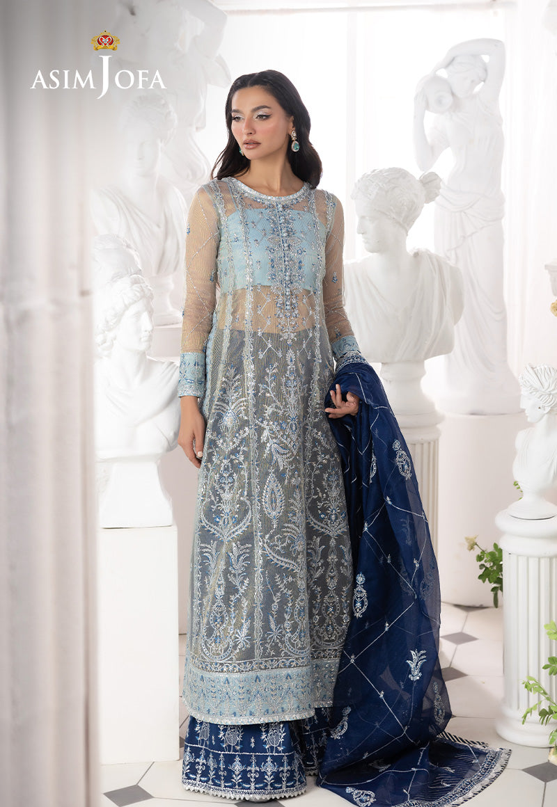 AJIZL-05 EMBROIDERED ZARI CHECK NET UNSTITCHED 3 PCS