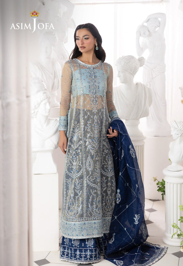 AJIZL-05 EMBROIDERED ZARI CHECK NET UNSTITCHED 3 PCS