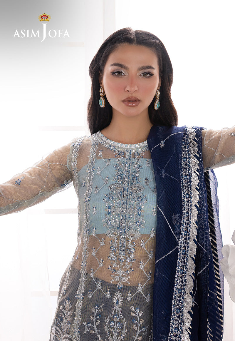 AJIZL-05 EMBROIDERED ZARI CHECK NET UNSTITCHED 3 PCS