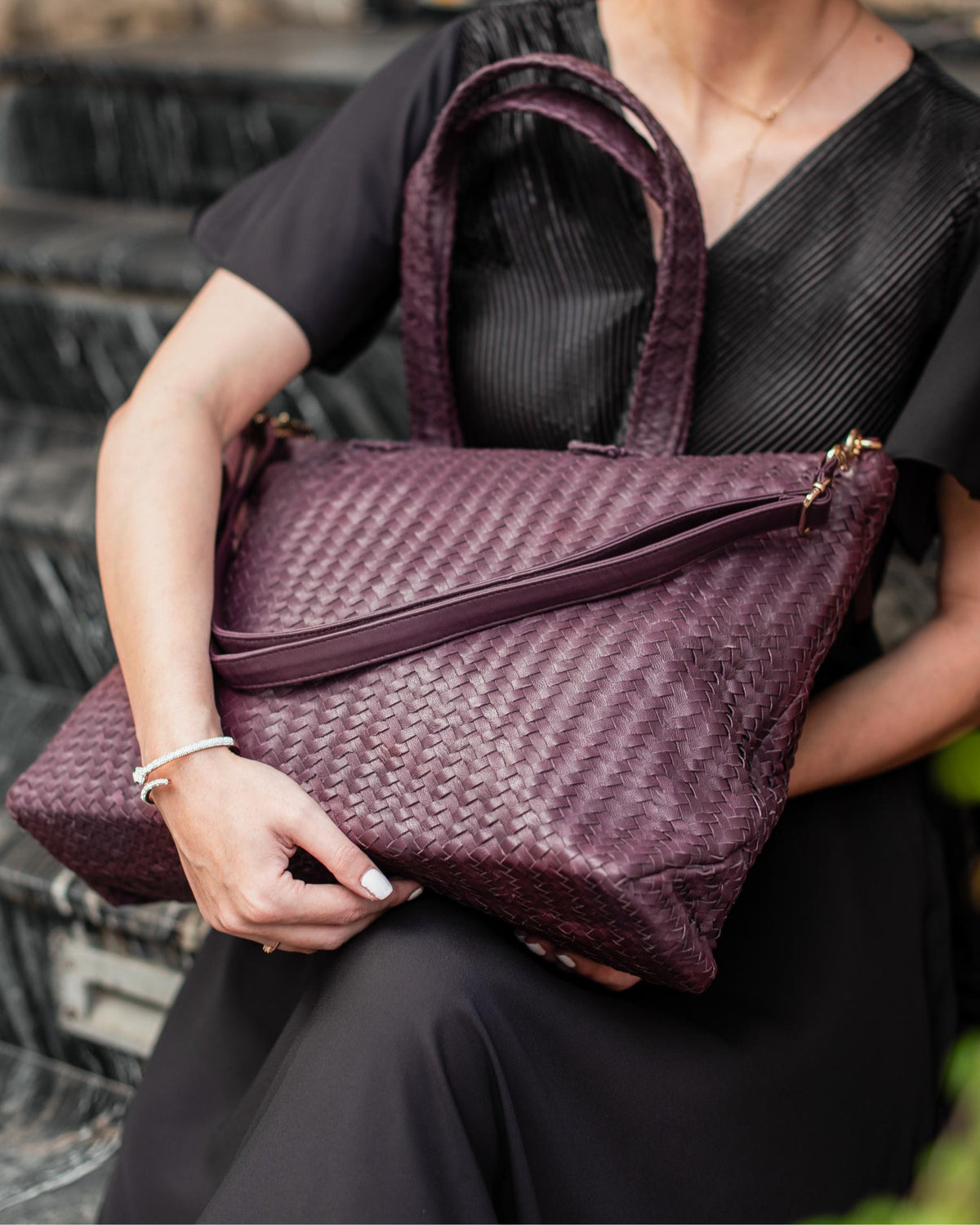 Handmade Woven Original Leather Bag With Zipper Burgundy