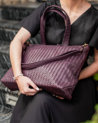 Handmade Woven Original Leather Bag With Zipper Burgundy