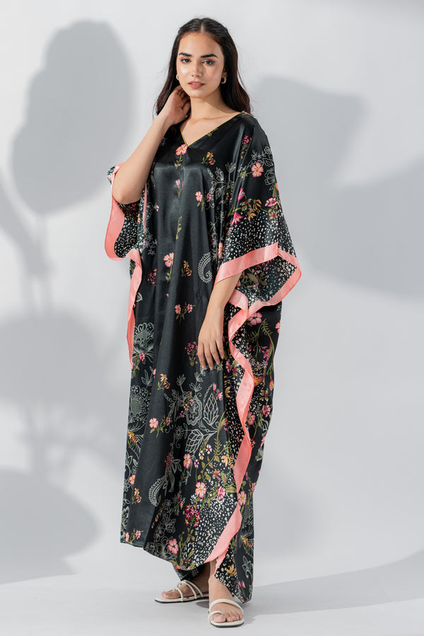 Valerie Women BLACK FLORAL PRINT Caftan Lounge Wear / Nightwear-VL-CAF-BLK