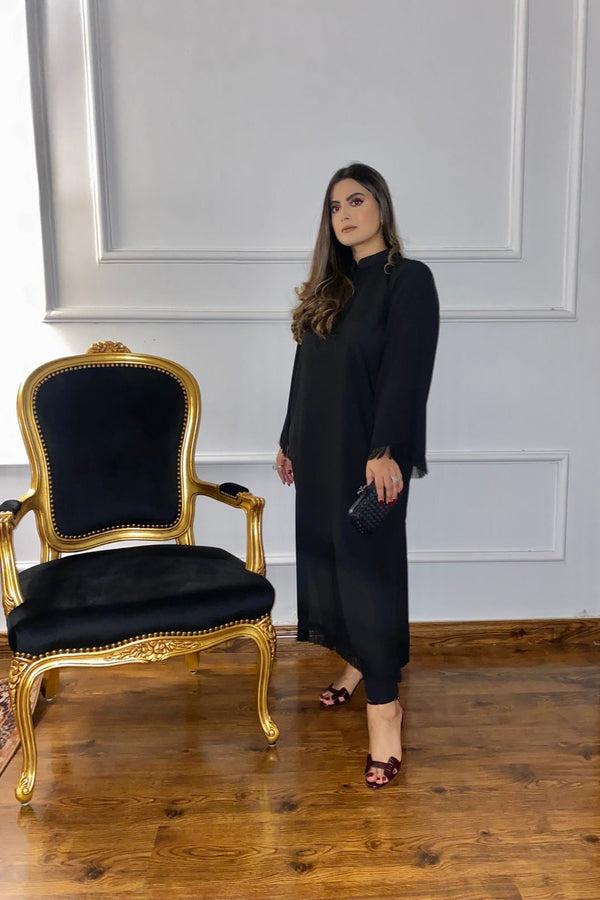 Manahils Stitched Co Ords Threaded Love (Two Pc) Black.