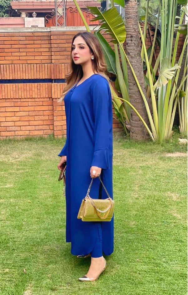 Manahils Stitched Co Ords Tunic V Neck Pleated Blue Two Pc