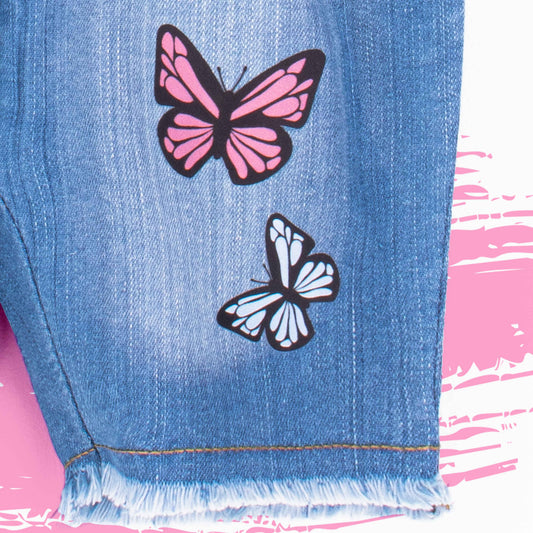 Baby Girl Light Blue Denim Butterfly Print Shorts