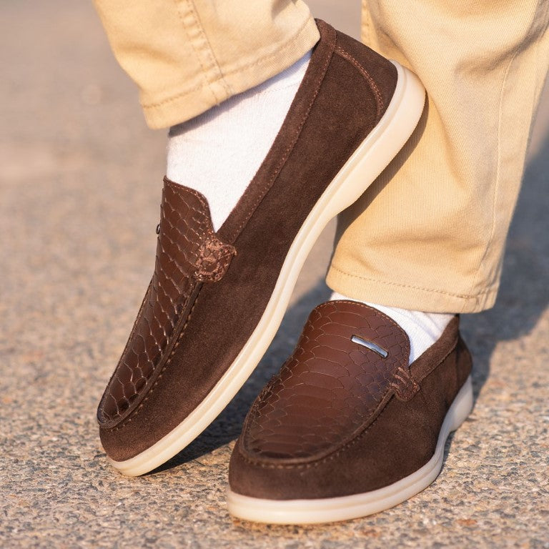 Turkish-Made Crocodile Style Suede Leather Shoes in Dark Brown