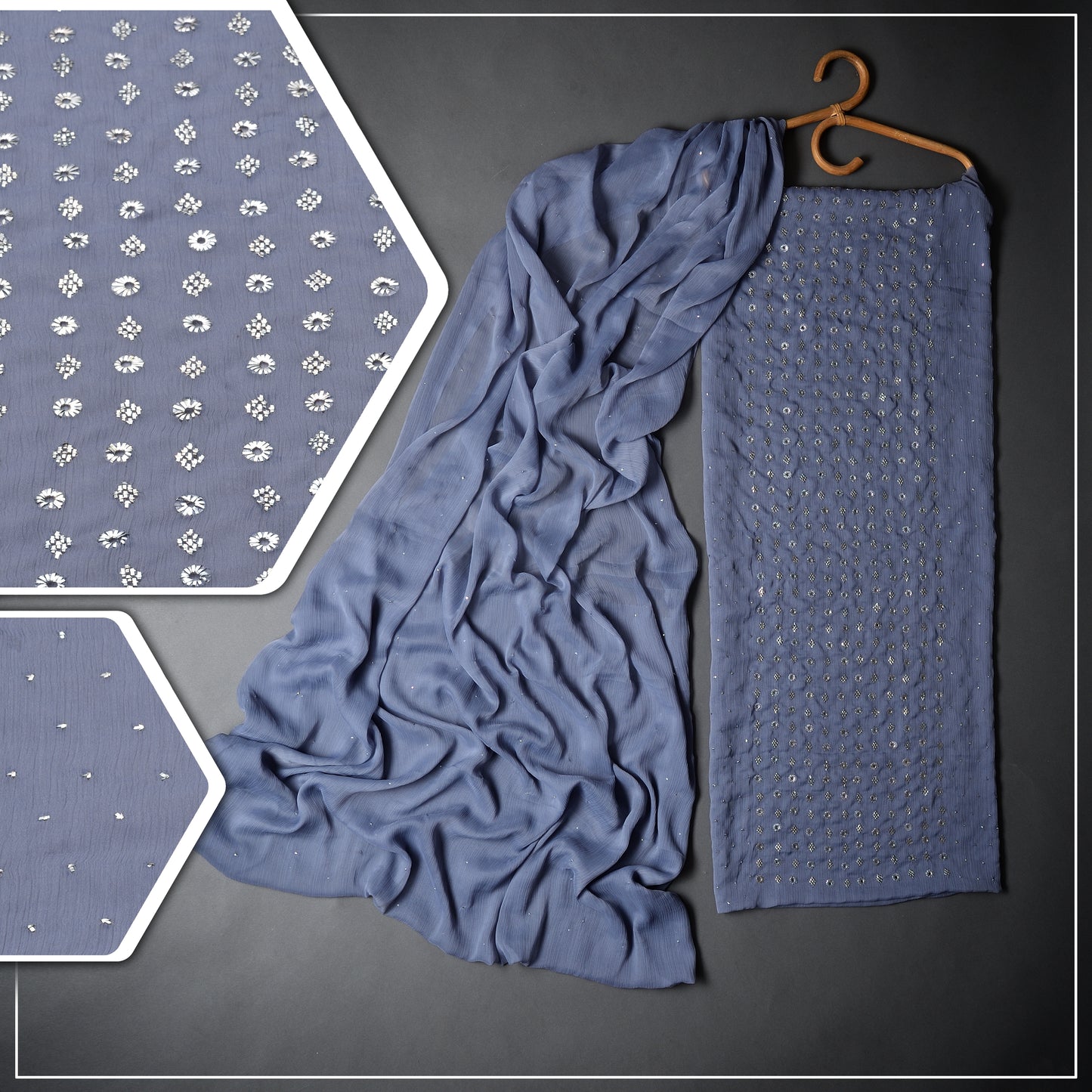 Elegant Chiffon with Mukesh embroidoyr women's wear, that meke you feel like royalty with intricate details of traditional Multani Art.-Bluegray