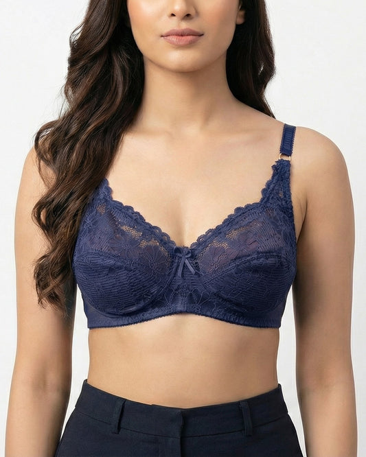 LACENTIALS Luxe, Intricate Lace Cup Unpadded Polyester Jersey Bra, Navy Blue