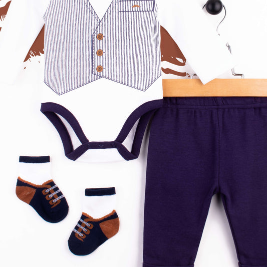 Baby Boy 3 Piece Navy Blue Bow Print