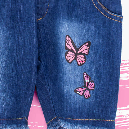 Baby Girl Dark Blue Denim Butterfly Print Shorts