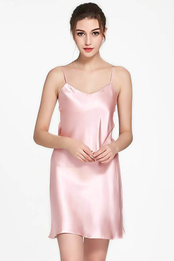 Women Luxury Short 100% Mulberry Silk Nighty-VL-CHM01-PNK