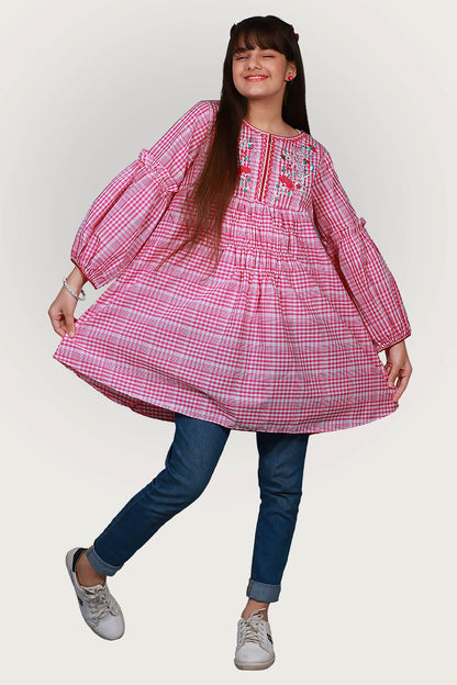 CHECK EMBROIDRED FROCK SKU: FRK-035