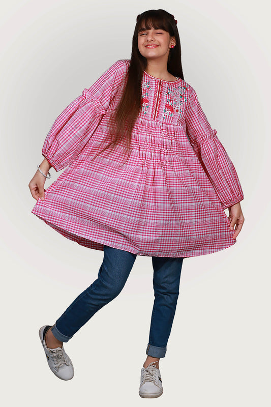CHECK EMBROIDRED FROCK SKU: FRK-035