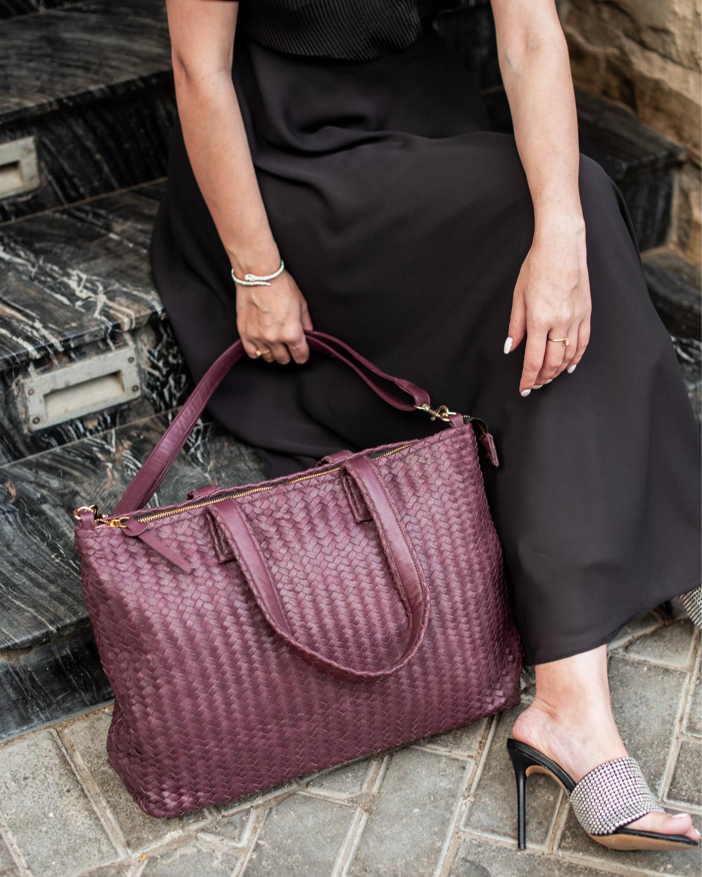 Handmade Woven Original Leather Bag With Zipper Burgundy