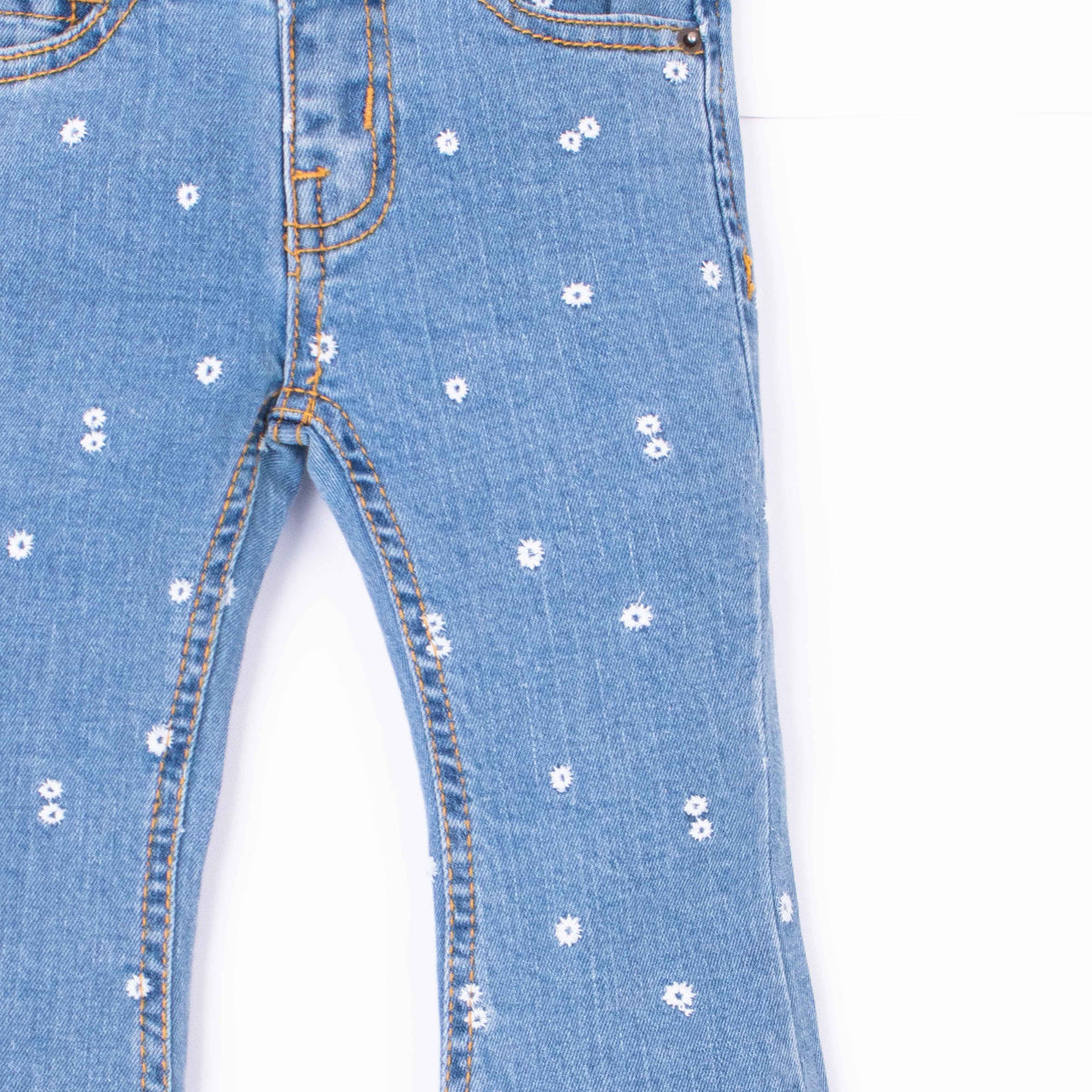 Girl Blue Embroidery Flower Denim Bell Bottom