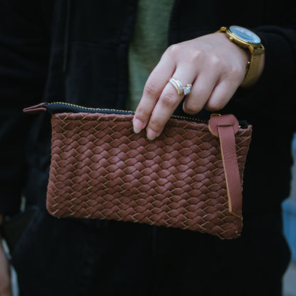 Coffer Mini Handwoven Leather Zipper Clutch-Tan Brown