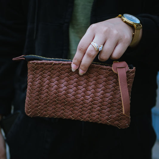 Coffer Mini Handwoven Leather Zipper Clutch-Tan Brown