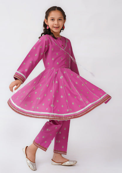 K-SFC-017, TABLE PRINT ANGRAKHA FROCK AND STRAIGHT TROUSER, 2PCS