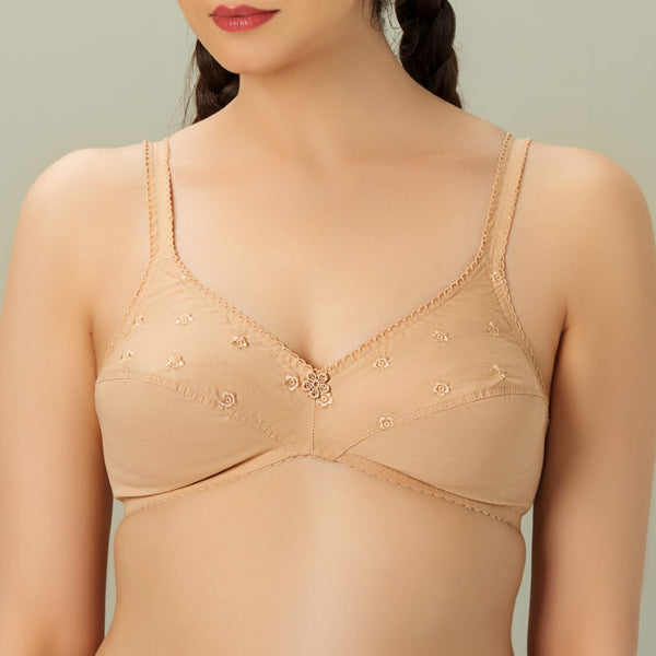 Tulips, Cotton embroidered Unpadded Bra, SKIN