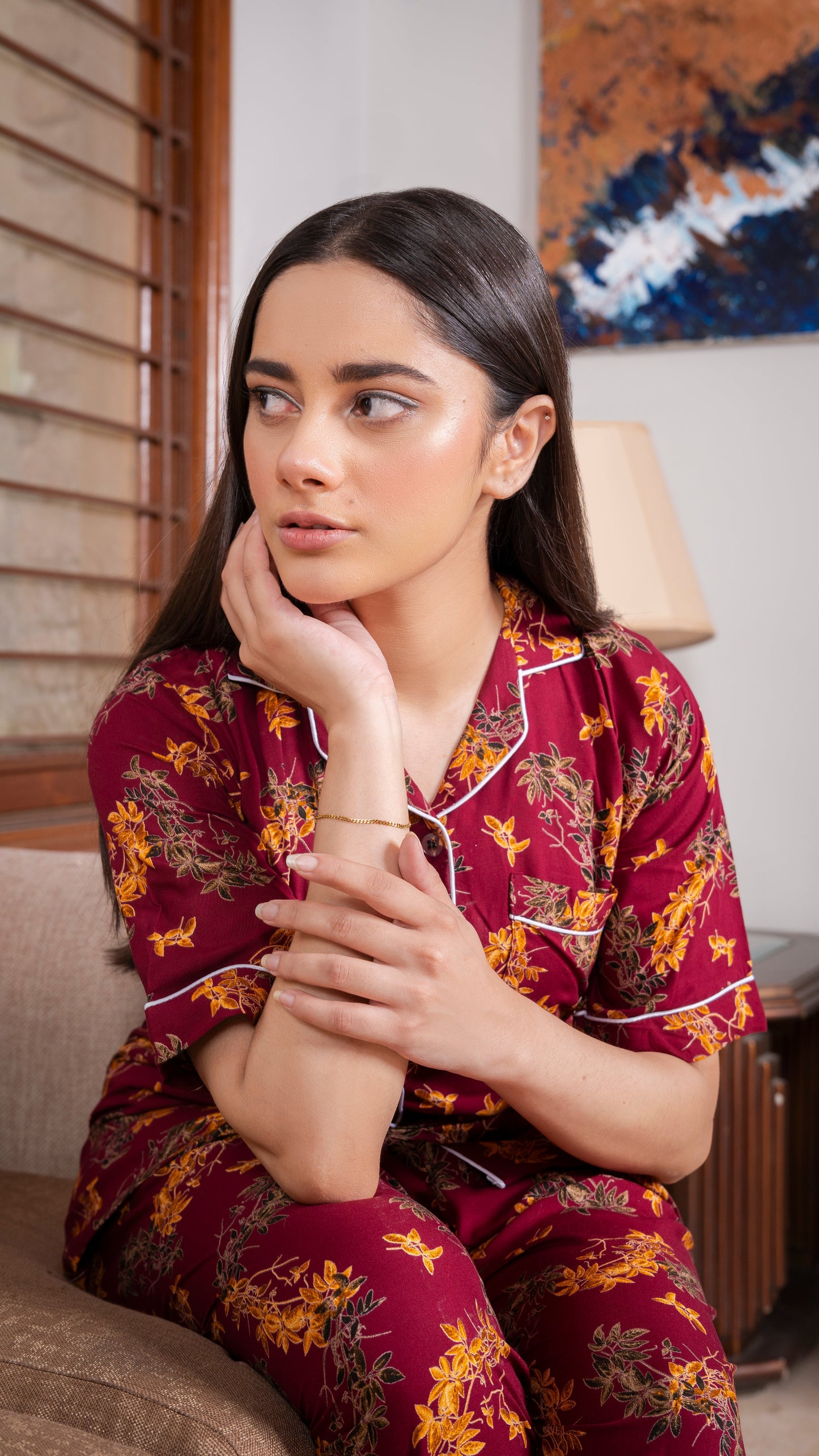 Royal Leaves Half Sleeves PJ Set