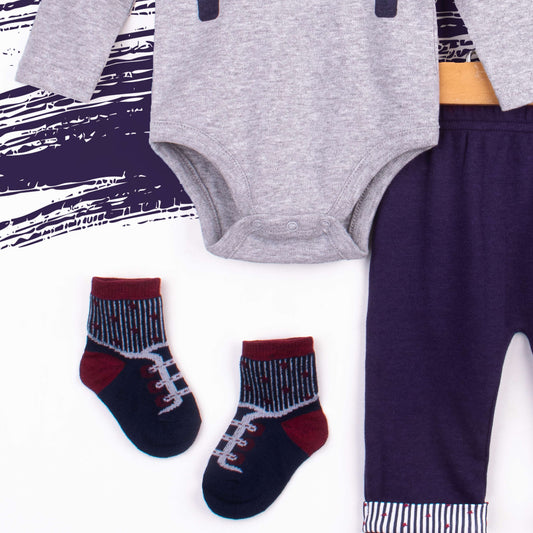 Baby Boy 3 Piece Grey Stripes Bow Gallis Print