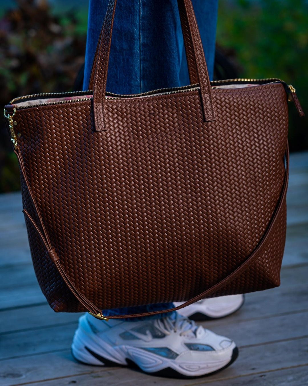 Handmade Woven Original Leather Bag With Zipper-Tan Brown