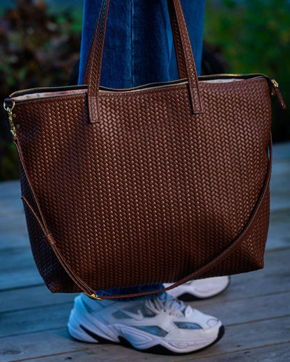 Handmade Woven Original Leather Bag With Zipper-Tan Brown