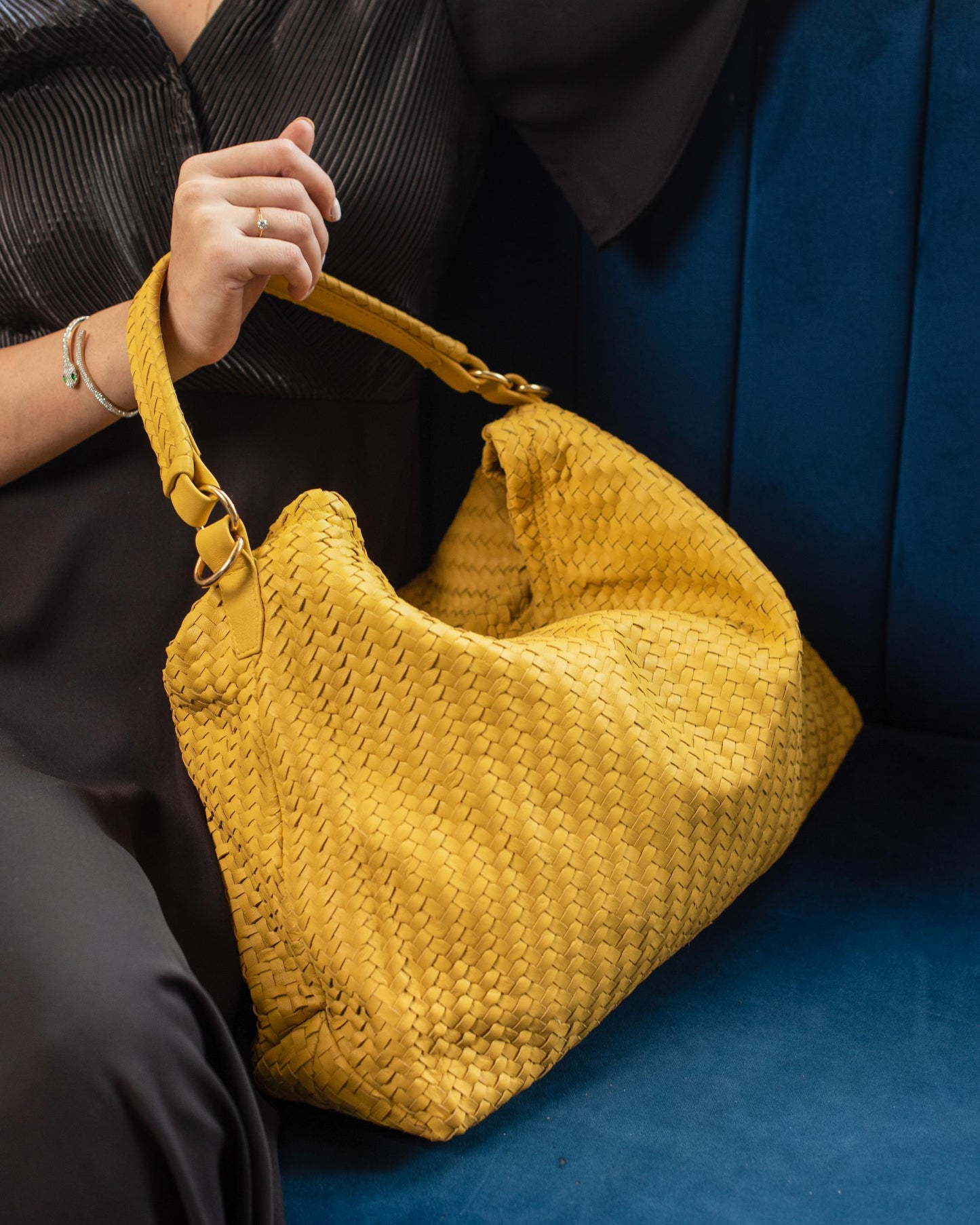 Handmade Woven Original Leather Bag With Zipper-Yellow