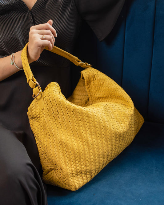 Handmade Woven Original Leather Bag With Zipper-Yellow