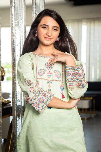 2PCS-061, Green lawn cotton 2 pc dress with mutli color embroidery