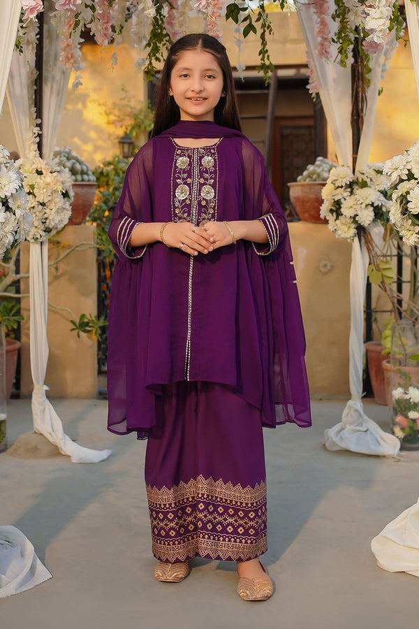 Ochre Clothing Girls Full Suits Chiffon Hand Adda Work 3 Pc Suit