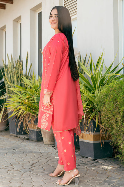 EMBROIDERED SHIRT AND PLAZZO TABEL PRINT 3 PCS SUIT SKU : T-SFC-028