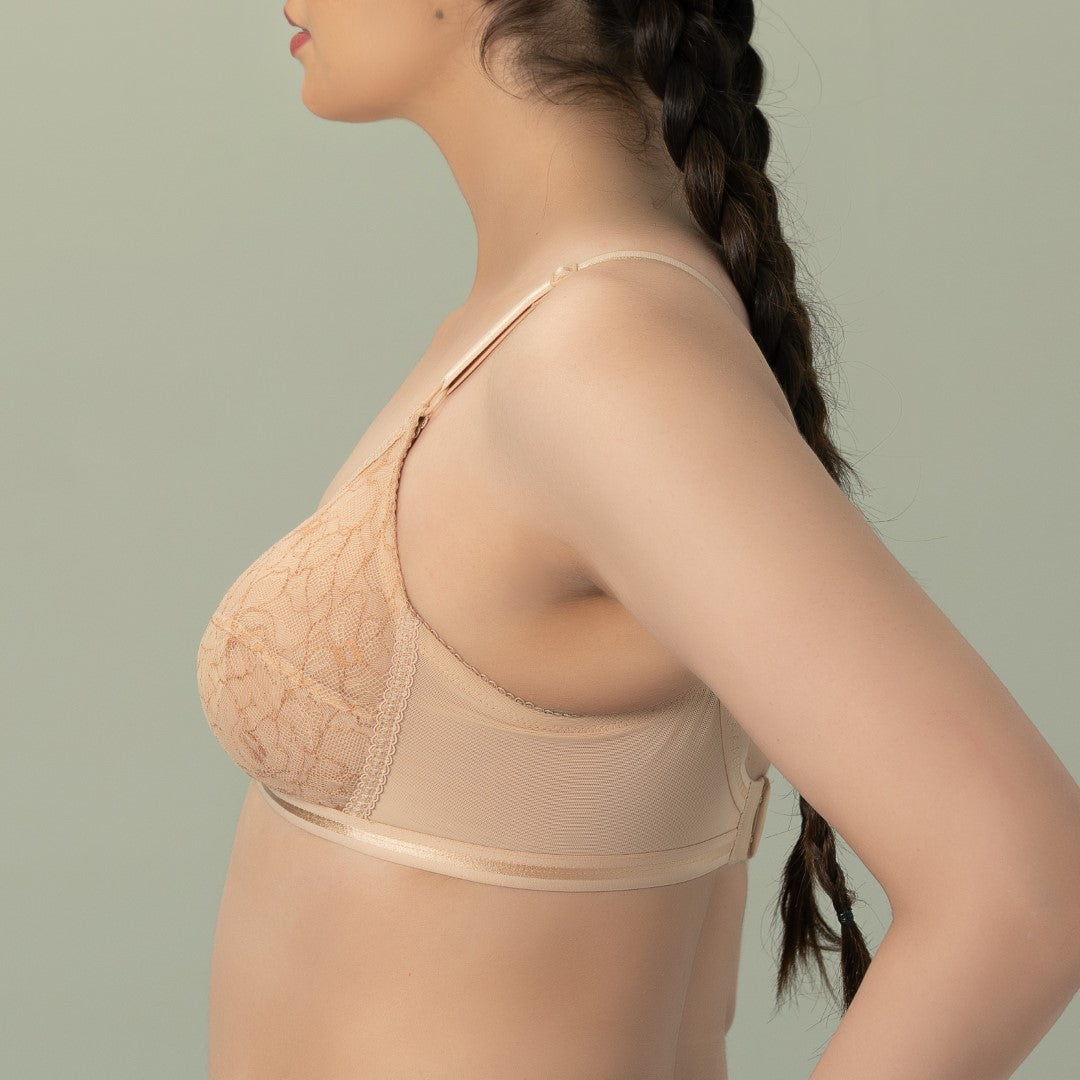 X-Over Trendy, Soft Lace Unpadded Crossover Bra, SKIN
