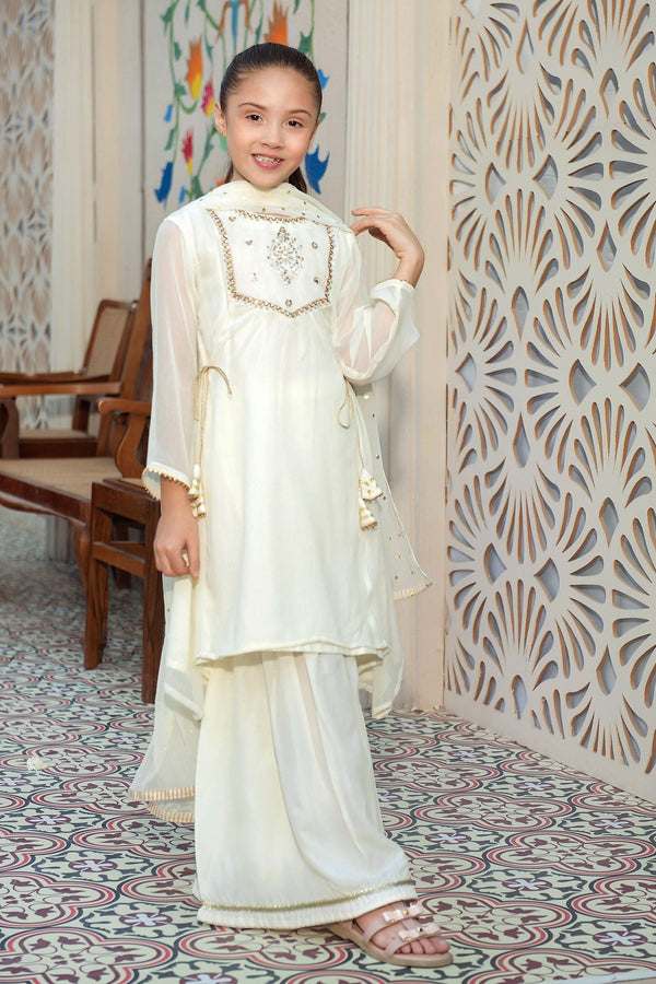 Ochre Clothing Girls Full Suits Chiffon Hand Adda Work 3 Pc Suit