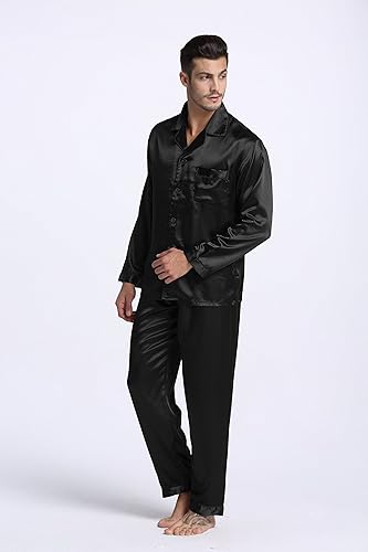 Studio By Arj Sebastian Men's Silky Satin Black Solid pajama set pjs, satin, full sleeve