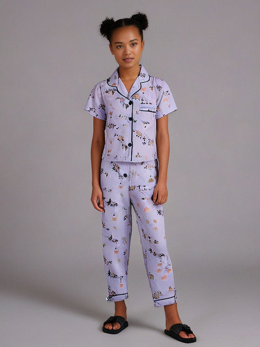 Kids klub cozy sleepwear breathable & light weight pajama set-purple; floral