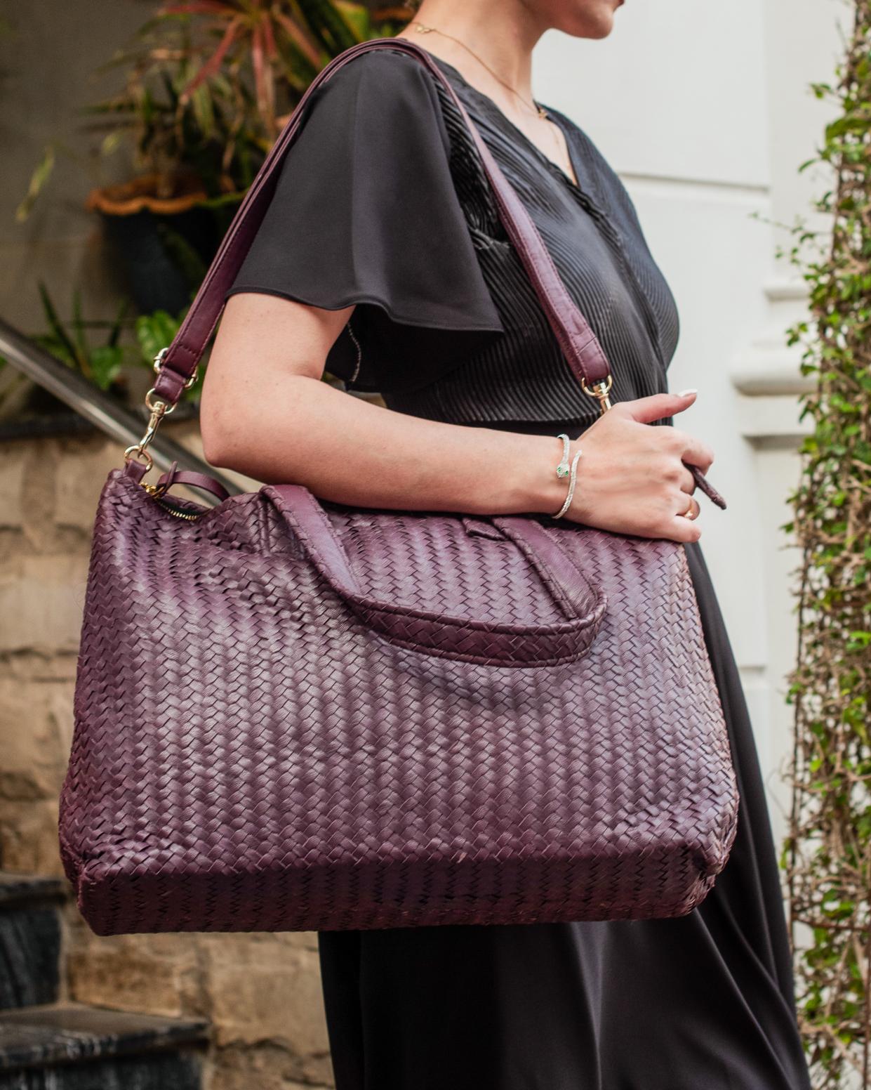 Handmade Woven Original Leather Bag With Zipper Burgundy