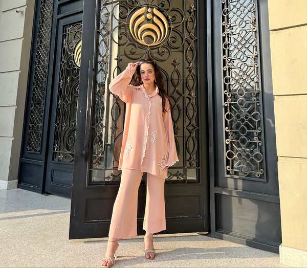 Manahils Stitched Peach Scallop Co-Ord Set