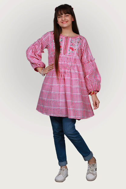 CHECK EMBROIDRED FROCK SKU: FRK-035