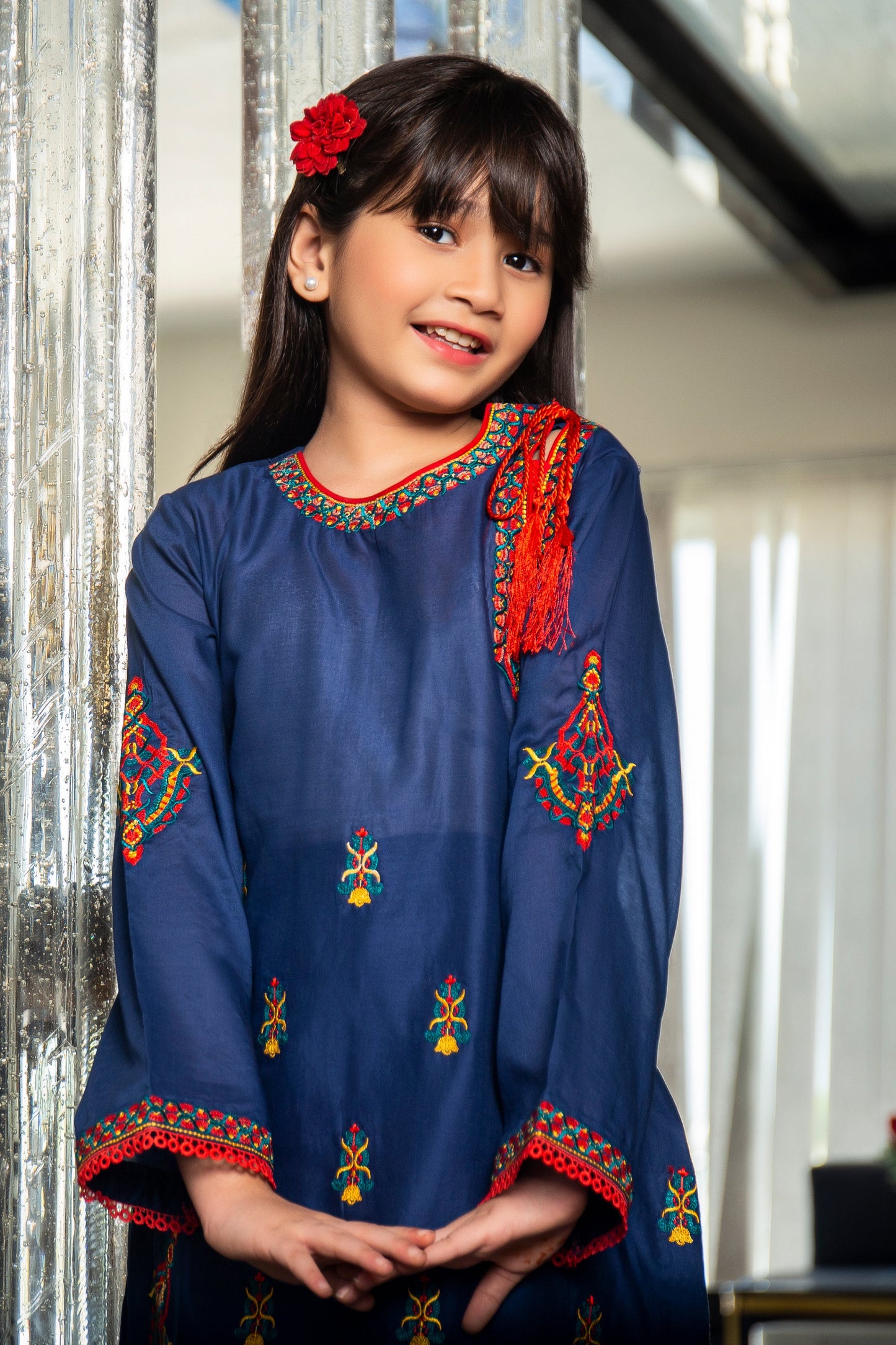 2 PCS-053, Blue Cotton Lawn Dress, with Embroidered combination of Red
