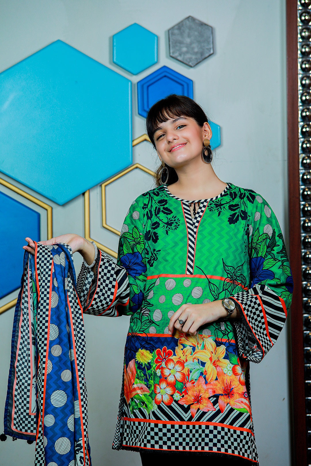 3PCS-072 Digital Printed Lawn Shirt, Dupatta & Cotton Trouser