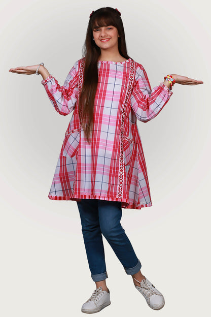 FRK-037 CHECK EMBROIDRED FROCK